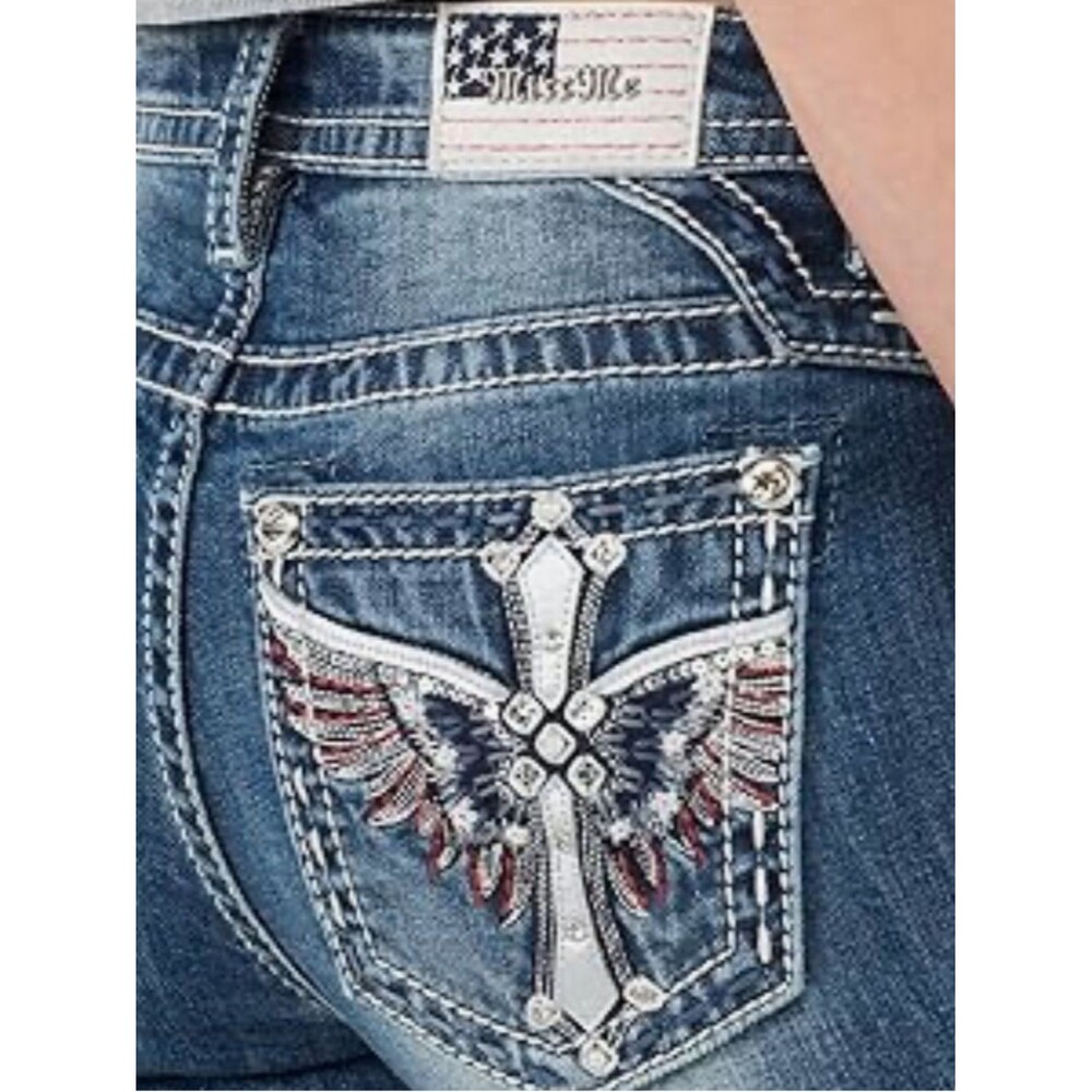 MISS ME Women's Wash Mid-Rise Americana Wing Cross Rhinestone Bootcut DenimJeans